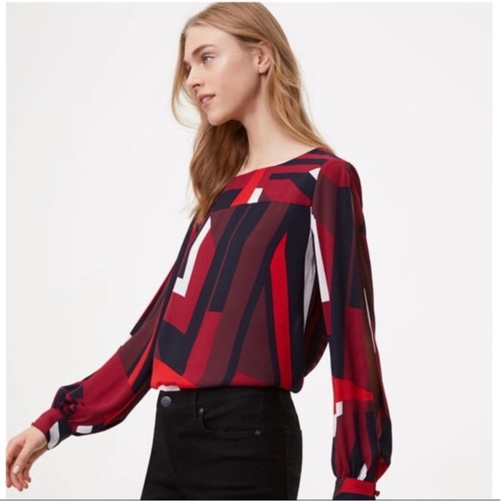 Loft Multicolor Geometric Split Sleeves Blouse Sz… - image 1